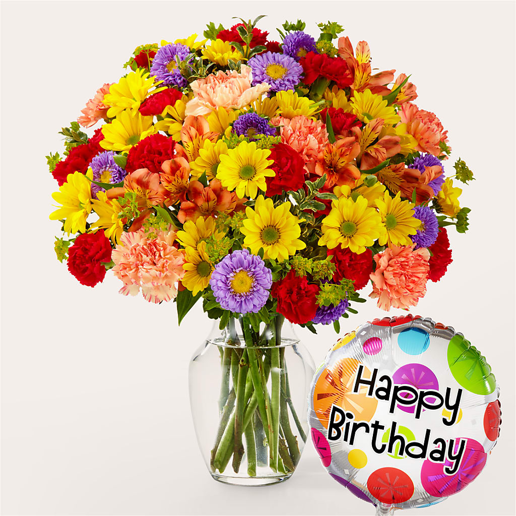 Kaleidoscope Bouquet with Birthday Balloon – My Enchanted Florist, Sandy Spring MD