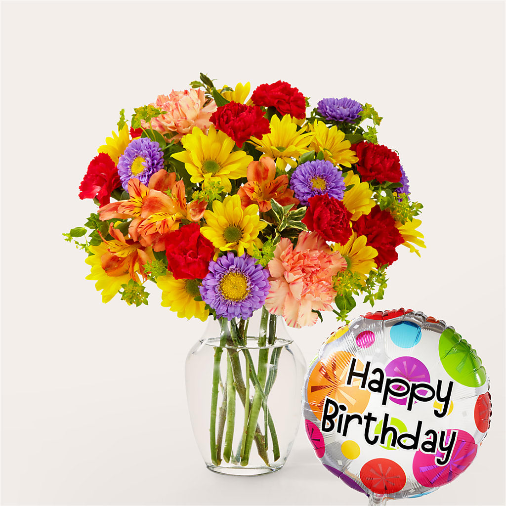 Kaleidoscope Bouquet with Birthday Balloon – My Enchanted Florist, Sandy Spring MD
