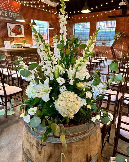 All White with Greens Barrel Piece –  My Enchanted Florist, Sandy Spring MD